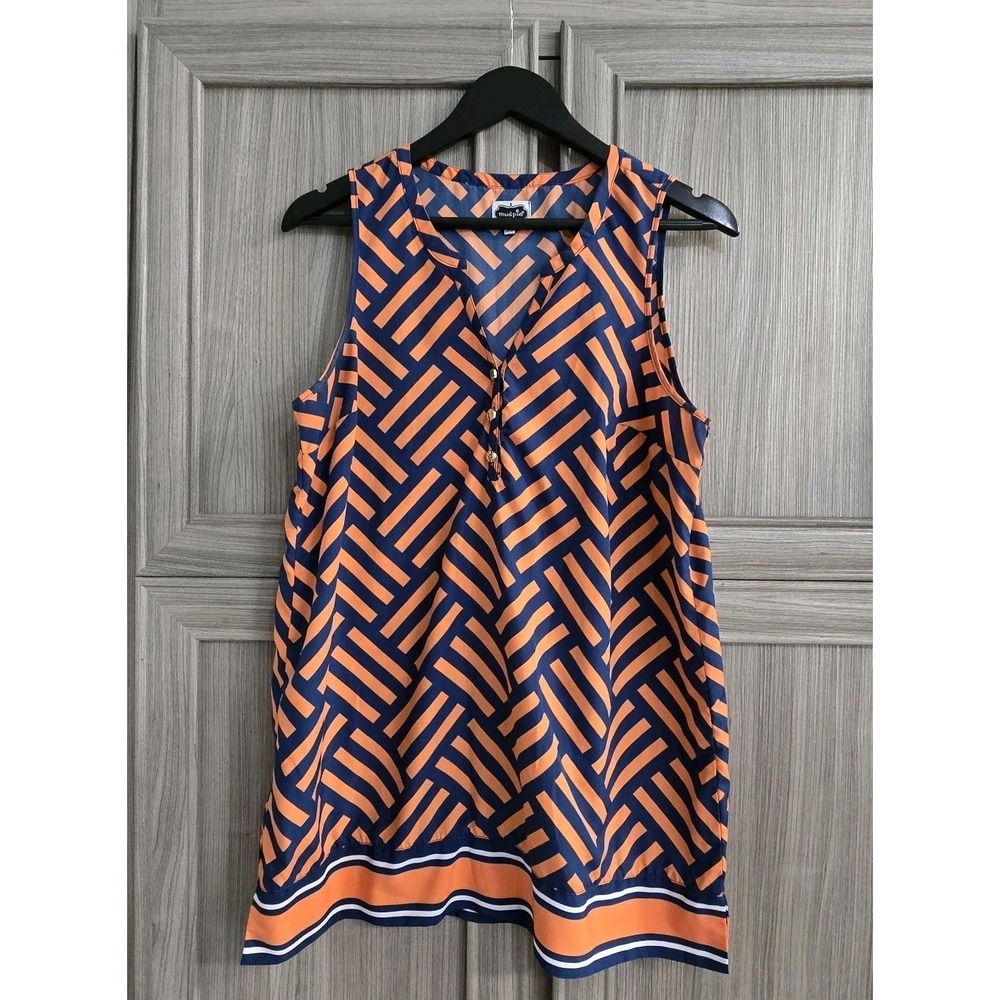 Mudpie Herringbone Pattern Sleeveless Womens Top Large Blue And Orange